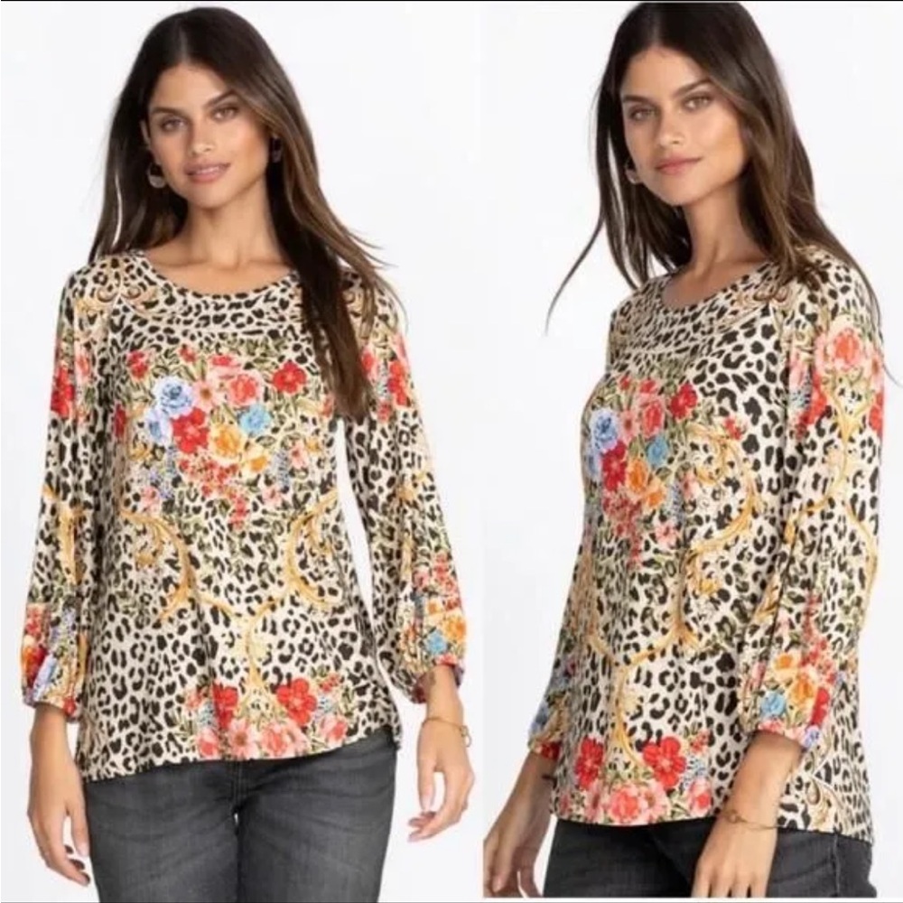 Johnny Was Cheetah Puff Sleeve Floral Top Size Small - Picture 3 of 8